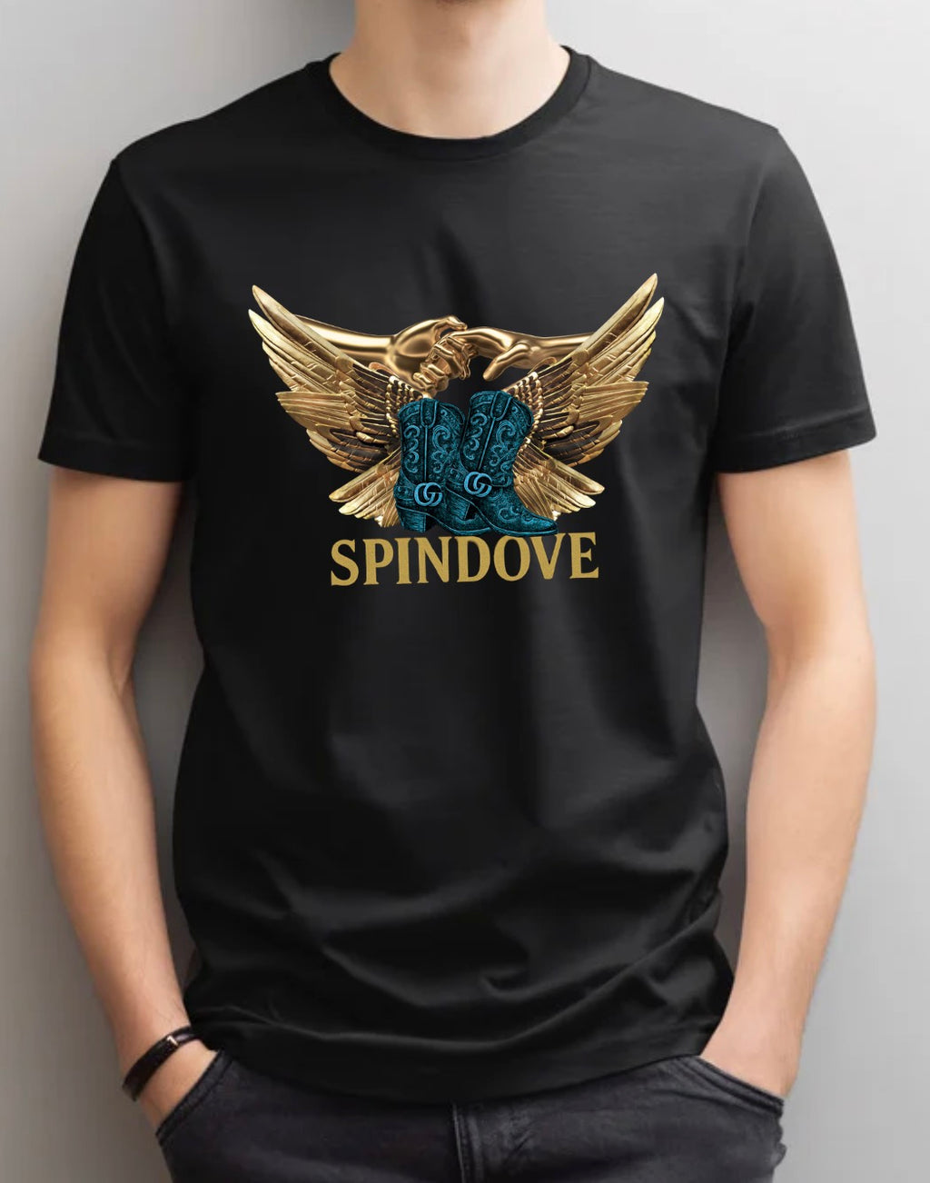 SPINDOVE winged emblem with unisex tee-gold and blue western streetwear fusion