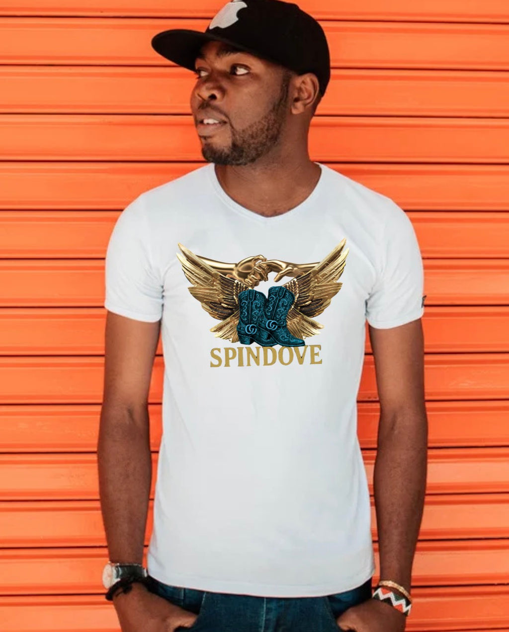 SPINDOVE winged emblem with unisex tee-gold and blue western streetwear fusion