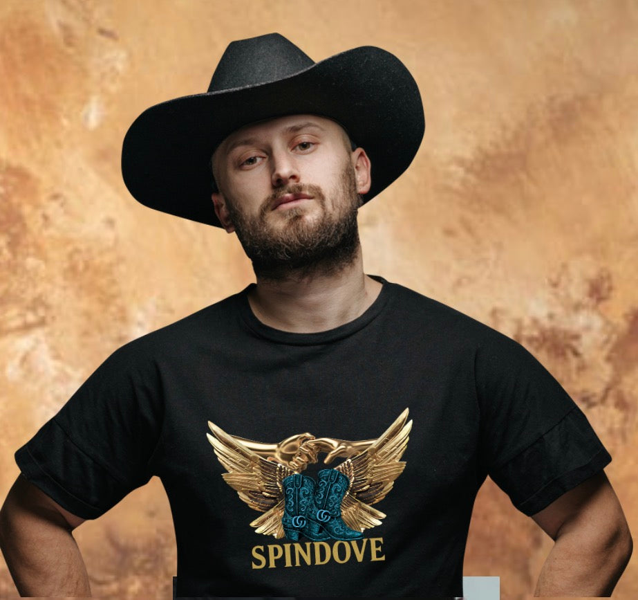 SPINDOVE winged emblem with unisex tee-gold and blue western streetwear fusion
